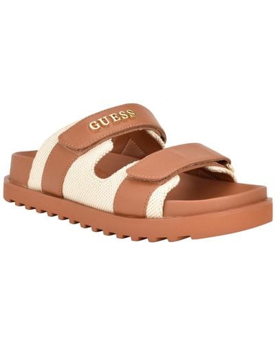 Guess Fabulon Two Strap Fabric Slide-on Sandals - Brown