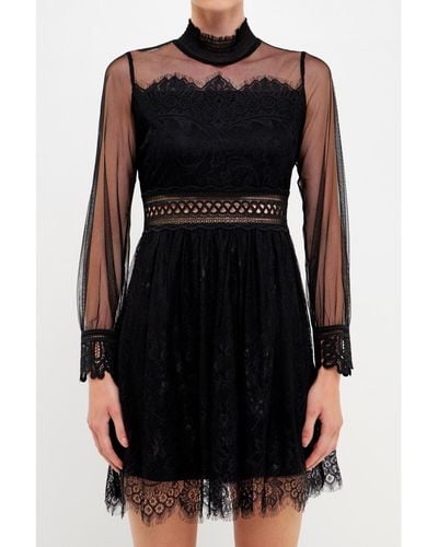 Endless Rose Long Sleeve Lace Mini Dress - Black