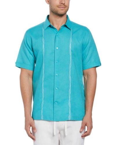 Cubavera Short Sleeve Geo Embroidered Linen Blend Button-front Shirt - Blue