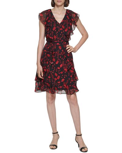 Tommy Hilfiger Petite Floral-print Ruffled Fit & Flare Dress - Red