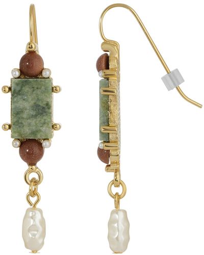 2028 Gold-tone Semi Precious Aventurine Rectangle Imitation Pearl Drop Earrings - Green
