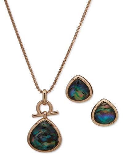 Anne Klein Gold-tone 2-pc. Set Abalone Teardrop Pendant Necklace & Matching Stud Earrings - Multicolor
