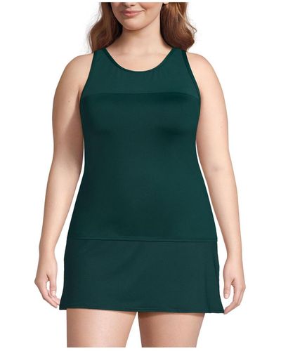 Lands' End Plus Size Chlorine Resistant Smoothing Control Mesh High Neck Tankini Swimsuit Top - Green
