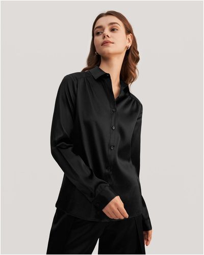 LILYSILK Long Sleeves Collared Silk Blouse - Black