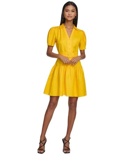 Karl Lagerfeld Puff-sleeve Belted A-line Dress - Yellow