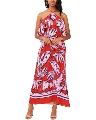 1.STATE Tropical Print Ruffled Halter Neck Maxi Dress - Red