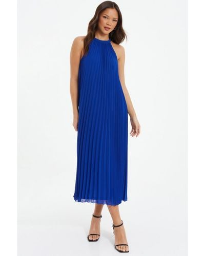 Quiz Pleated Chiffon High Neck Midi Dress - Blue