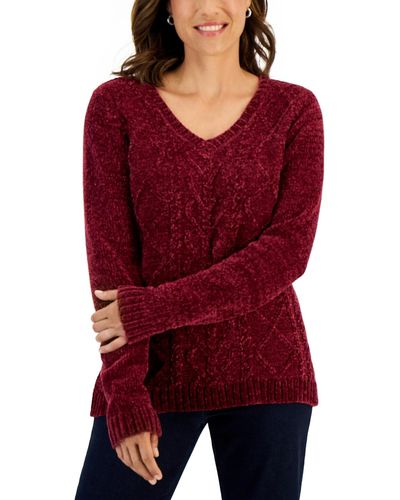 Karen Scott Chenille Cable V-neck Sweater - Red