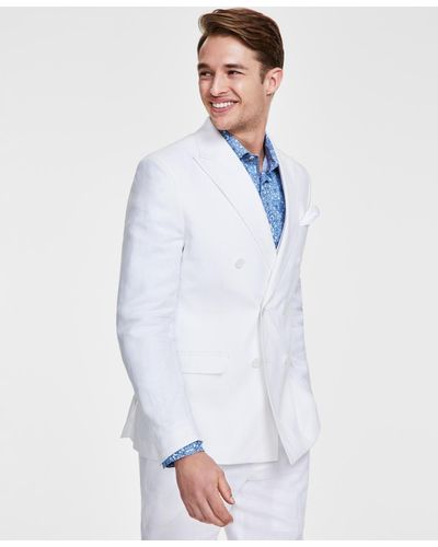 BarIII Slim-fit Stretch Solid Linen Double-breasted Suit Separate Jacket - White