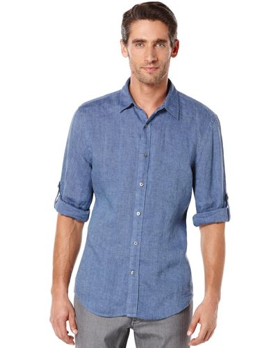 Perry Ellis Long Sleeve Solid Linen Shirt - Blue