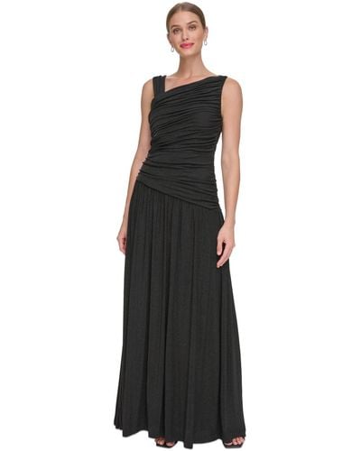 DKNY Metallic-knit Asymmetric-neck Gown - Black