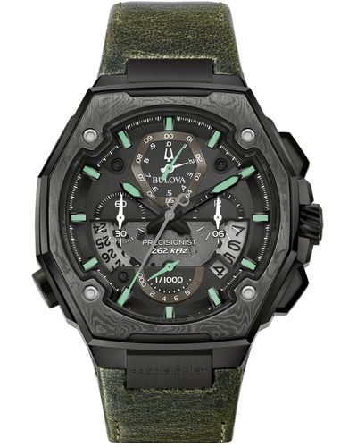Bulova Precisionist Chronograph Leather Strap Watch 44.7x46.8mm - Green