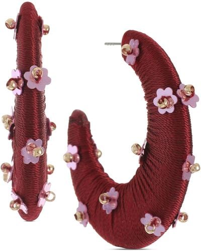 INC International Concepts Gold-tone Flower-bead Thread-wrapped C-hoop Earrings - Red