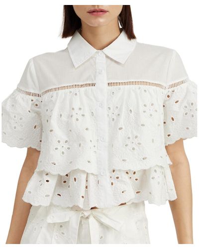 En Saison Marina Cotton Eyelet Crop Shirt - Natural