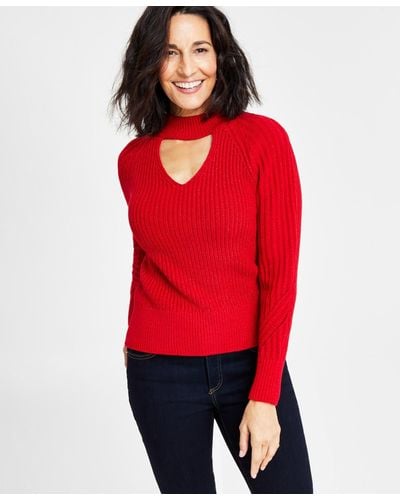 INC International Concepts Ribbed Keyhole Cutout Sweater - Red
