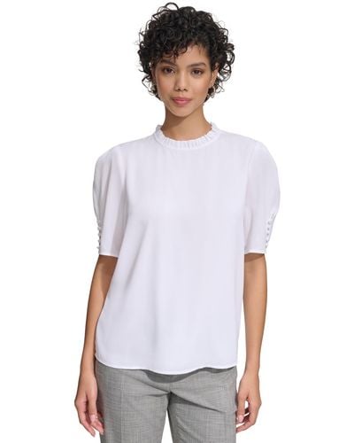Calvin Klein Pleated Collar Puff-sleeve Top - White