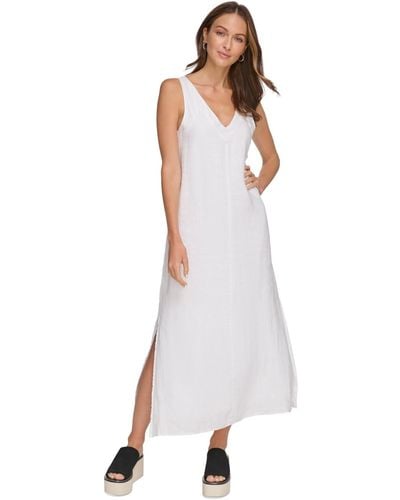 DKNY Linen V-neck Maxi Dress - White