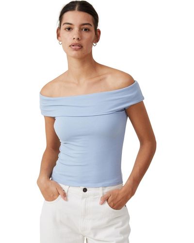 Cotton On Staple Rib Off The Shoulder Short Sleeve Top - Blue