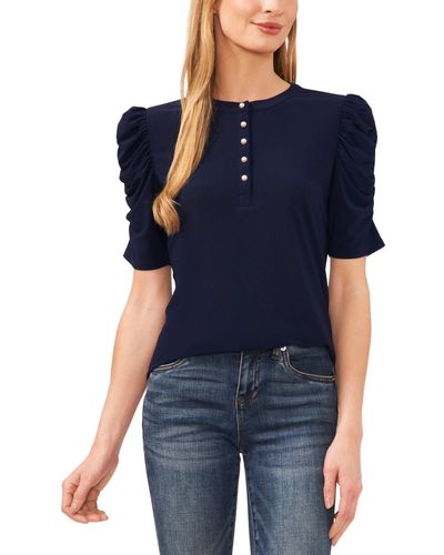 Cece Ruched Puff-sleeve Henley Knit Top - Blue