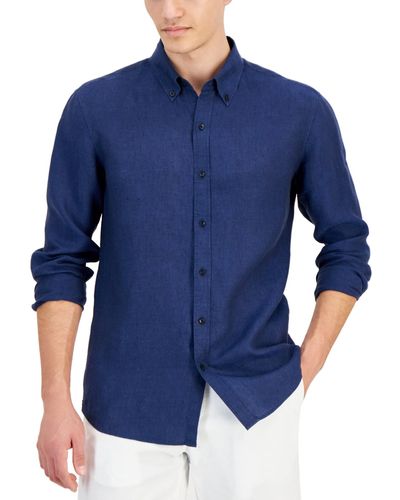 Michael Kors Slim Fit Long Sleeve Button-down Linen Shirt - Blue