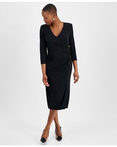 INC International Concepts Petite Surplice-neck Faux-wrap Dress - Black