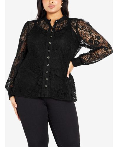 Avenue Plus Size Jade Lace Long Sleeve Shirt Top - Black