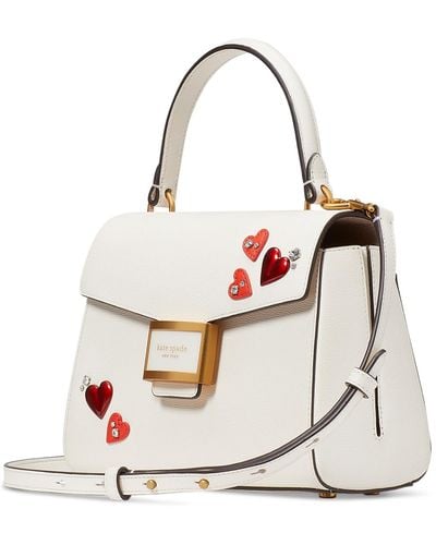 Kate Spade Katy Heart Embellished Textured Leather Top Handle Bag - White