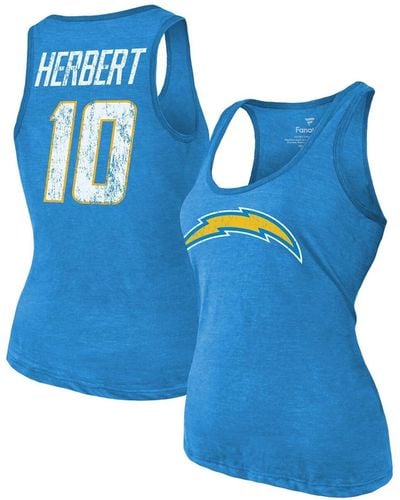 Majestic Threads Justin Herbert Heathered Los Angeles Chargers Name & Number Tri-blend Tank Top - Blue