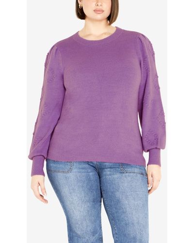 Avenue Plus Size Nicky Pom Pom Balloon Sleeve Sweater - Purple