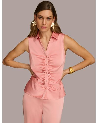 Donna Karan Sleeveless Satin Button Front Blouse - Pink