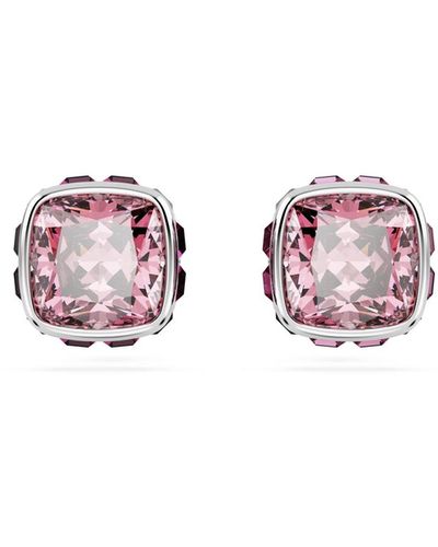 Swarovski Rhodium Plated Square Cut Color Birthstone Stud Earrings - Pink