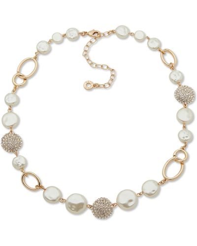 Anne Klein Gold-tone Pave & Imitation Pearl Disc Collar Necklace - Metallic
