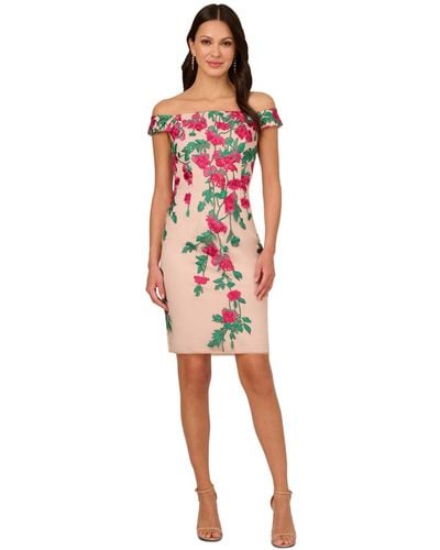 Adrianna Papell Cascading Florals Off-the-shoulder Dress - Red