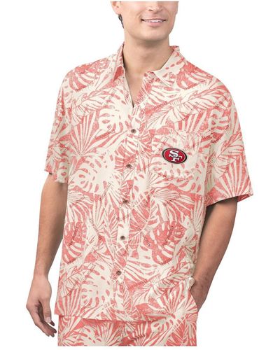 Margaritaville San Francisco 49ers Sand Washed Monstera Print Party Button-up Shirt - Pink