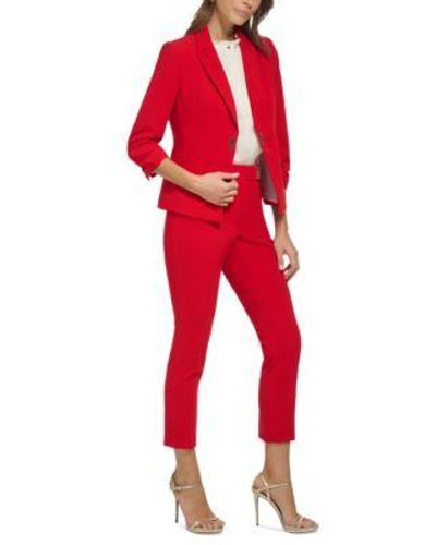 DKNY Petite Ruched Sleeve Blazer Straight Leg Pants - Red