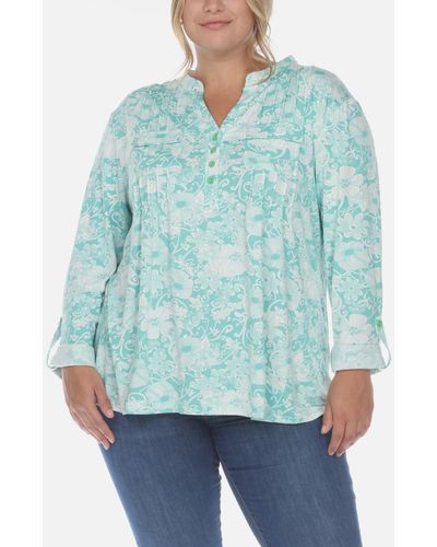 White Mark Plus Size Pleated Long Sleeve Floral Print Blouse - Blue