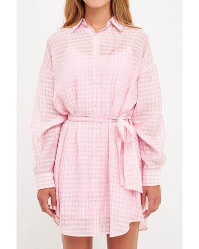 English Factory Striped Belted Tunic Shirt Dress - Pink