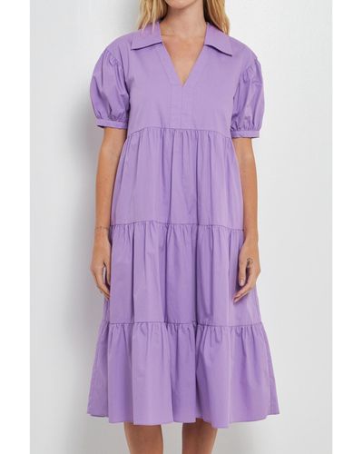 English Factory Short Puff Sleeve Midi Dress - Purple