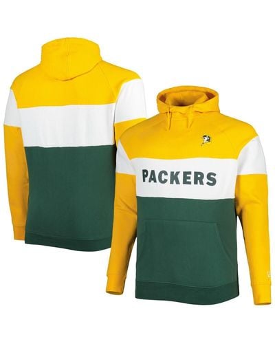 KTZ Distressed Bay Packers Big And Tall Throwback Colorblock Raglan Pullover Hoodie - Yellow
