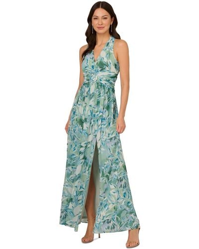 Adrianna Papell Leaf-print Chiffon Shirred Gown - Blue