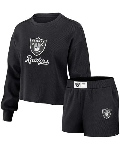 WEAR by Erin Andrews Distressed Las Vegas Raiders Waffle Knit Long Sleeve T-shirt And Shorts Lounge Set - Black