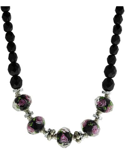 2028 Silver-tone Floral Beaded 15" Adjustable Necklace - Black