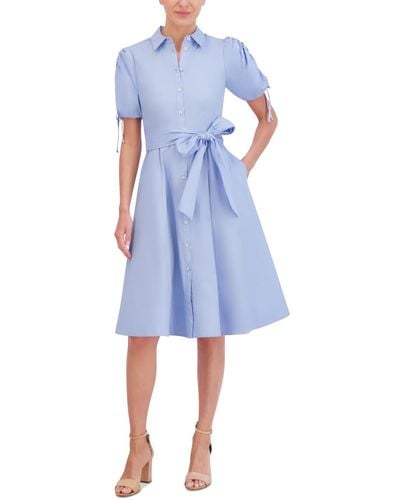 Eliza J Cotton Tie-waist Bubble-sleeve Shirtdress - Blue