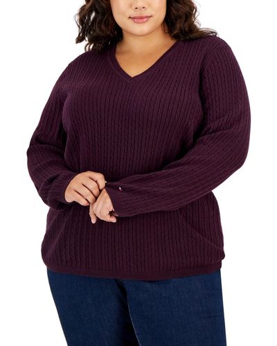 Tommy Hilfiger Plus Size Cable-knit V-neck Ivy Sweater - Purple