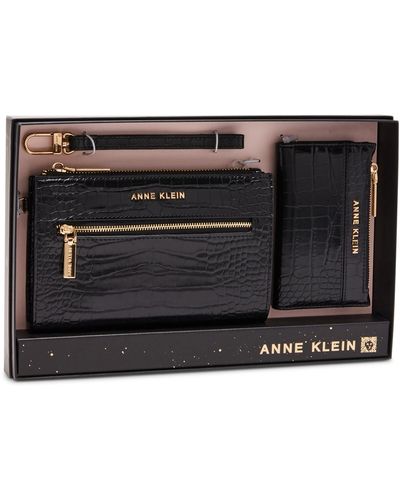 Anne Klein Croco Zip Clutch And Card Case Gift Set - Black