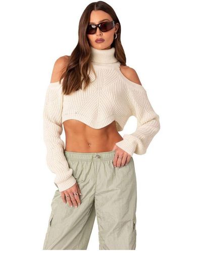 Edikted Shoulder Cutout Turtleneck Crop Sweater - Metallic