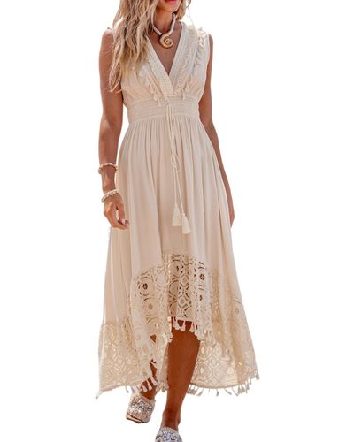 CUPSHE Beige Lace & Tassel Sleeveless Midi Beach Dress - Natural