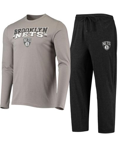 Concepts Sport Black And Gray Brooklyn Nets Long Sleeve T-shirt And Pants Sleep Set