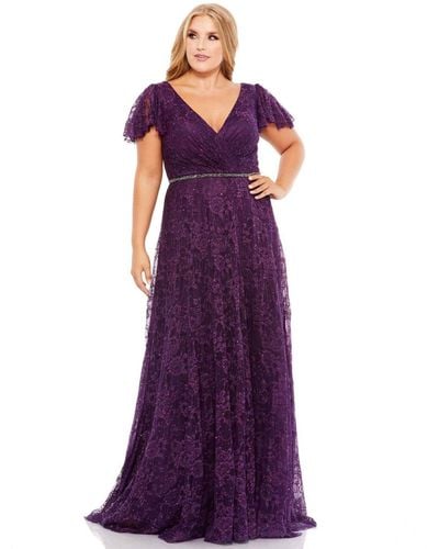 Mac Duggal Plus Size Embellished Flutter Sleeve Evening Gown - Purple