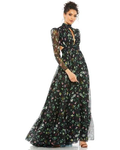 Mac Duggal Floral Print High Neck Keyhole Lace Up Gown - Green